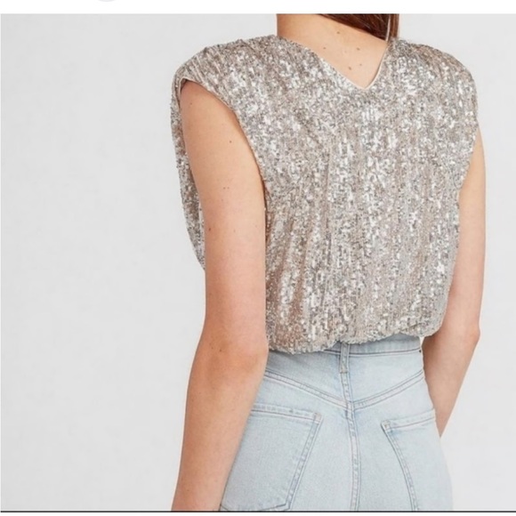 Express Silver Sequin V-Neck Wrap Bodysuit - Picture 4 of 13